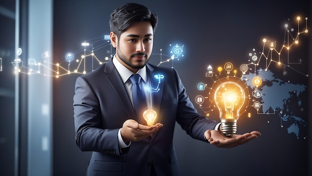 Businessman holding creative light bulb with growth graph and banking icons Financial innovation