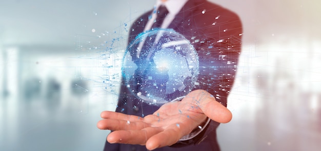 Businessman holding a  data earth globe