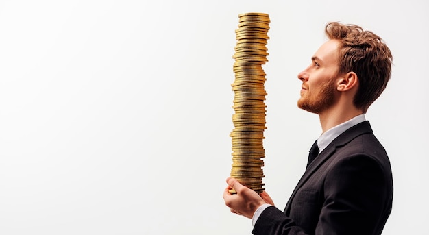 Photo businessman holding an enormous stack of gold coins symbolizing growth and financial success ai generative