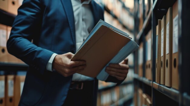 Photo businessman holding file in archive