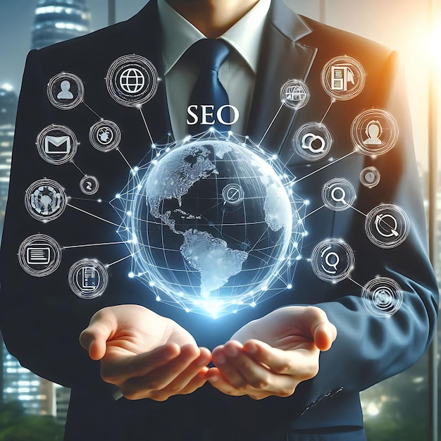 businessman holding a globe with SEO and digital marketing icons