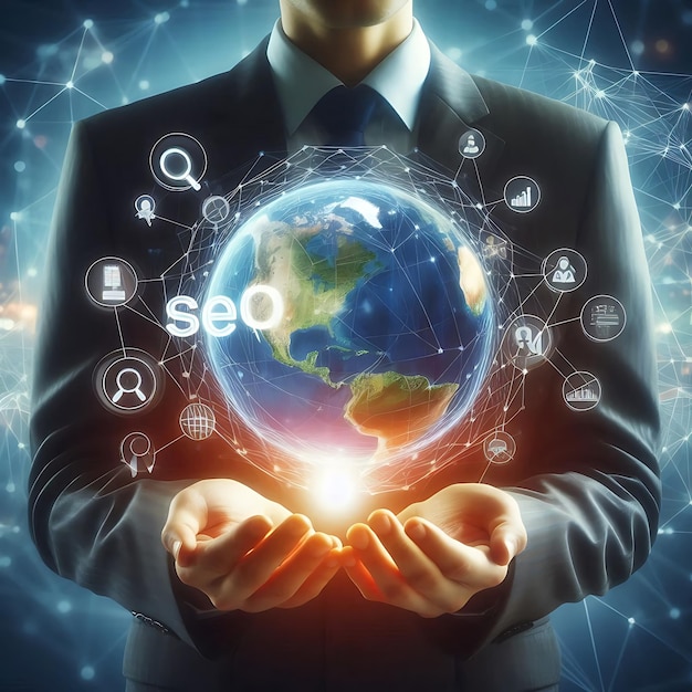 businessman holding a globe with SEO and digital marketing icons