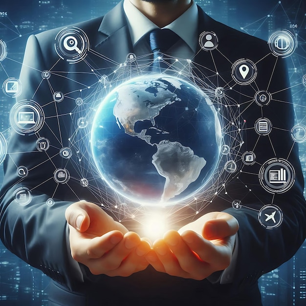 businessman holding a globe with SEO and digital marketing icons