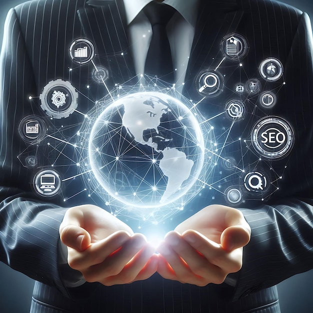 businessman holding a globe with SEO and digital marketing icons