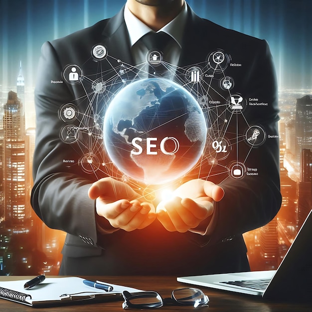 businessman holding a globe with SEO and digital marketing icons