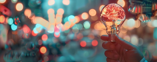 Businessman holding a glowing brain inside a light bulb representing innovation and creativity in a vibrant city setting