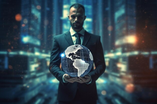 Businessman holding a glowing earth globe in his hands