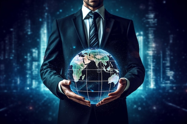 Businessman holding a glowing earth globe in his hands