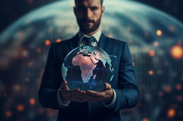 Businessman holding a glowing earth globe in his hands