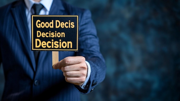 Businessman Holding Glowing Good Decision Sign with Dark Bad Decision Symbolizing Choices