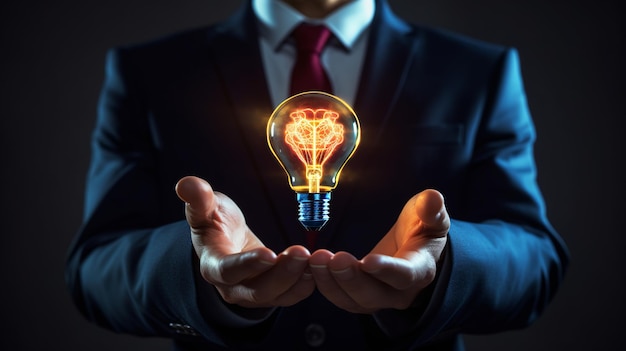 Businessman holding a glowing light bulb in his hands concept of idea and innovation