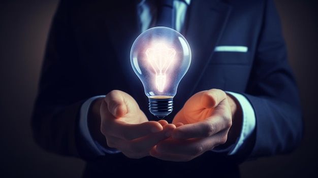 Businessman holding a glowing light bulb in his hands concept of idea and innovation