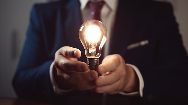 Businessman holding a glowing lightbulb in his hand Business and innovation concept