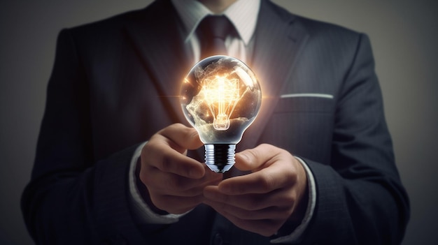 Businessman holding a glowing lightbulb in his hand Business and innovation concept