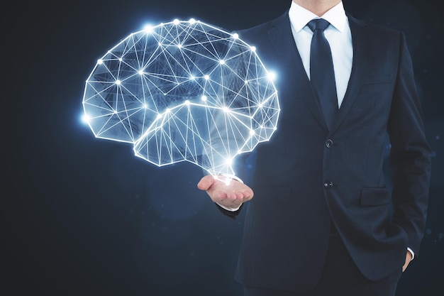 Businessman holding glowing polygonal brain on dark background Artificial intelligence and data concept 3D Rendering