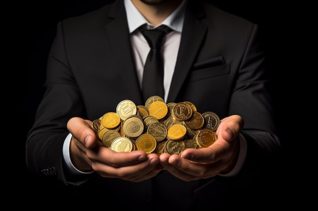 Businessman holding golden coins