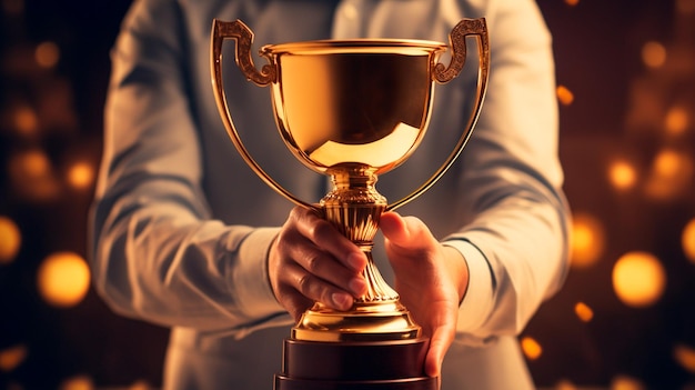 businessman holding a golden cup with a winner trophy