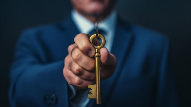 Businessman holding a golden key unlocking opportunities for growth Financial Success