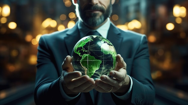 Businessman holding green earth