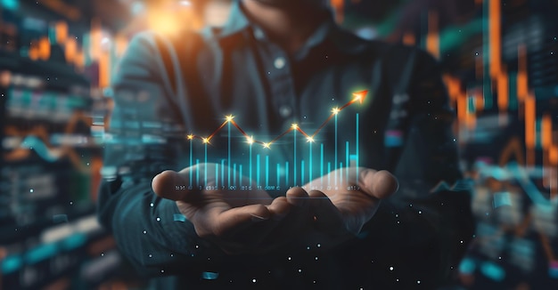 Businessman holding a growth arrow graph a rising and growing bar chart