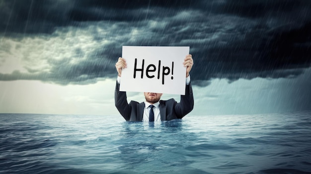 Photo businessman holding a help sign while sinking in the ocean recession concept