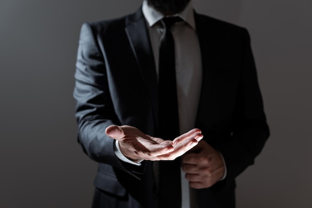 Businessman Holding Important Message On Hand Man In Suit Presenting Crutial Informations Over One Palm Executive Showing Recent Announcements New Ideas Displayed