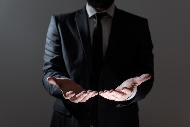 Businessman Holding Important Message Above Hands Man In Suit Presenting Crutial Informations Over Palms Executive Showing Recent Announcements New Ideas Displayed