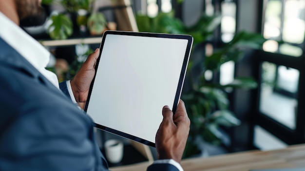 Photo a businessman holding an ipad digital tablet ipad digital tablet with blank screen mockup replacing design mockup