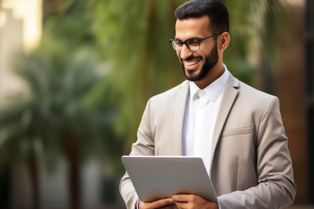 A businessman holding a laptop