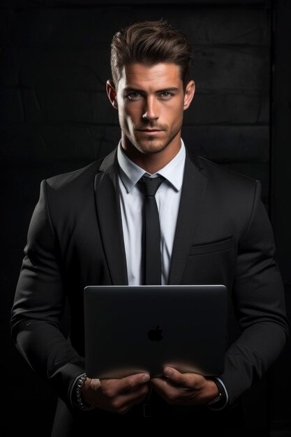 A businessman holding a laptop