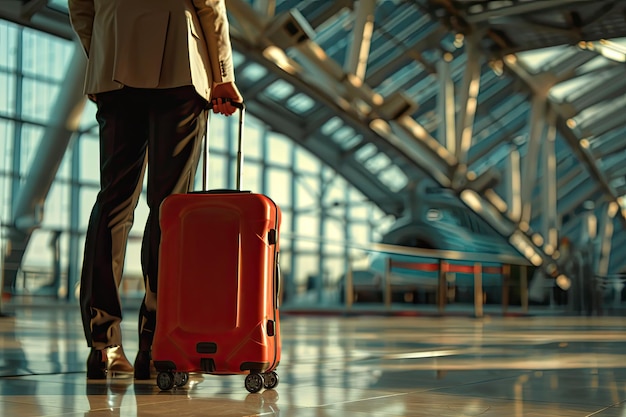 Businessman holding luggage waiting for airport arrival