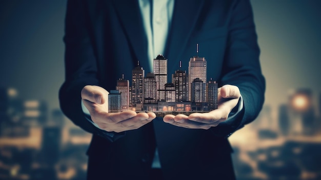 A businessman holding a modern city on the hand