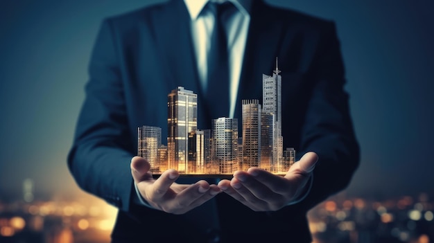 A businessman holding a modern city on the hand