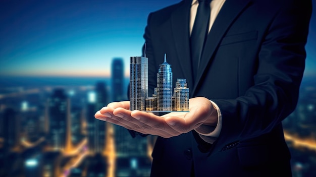 A businessman holding a modern city on the hand