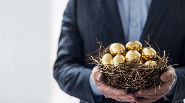 Businessman Holding Nest Full of Golden Eggs