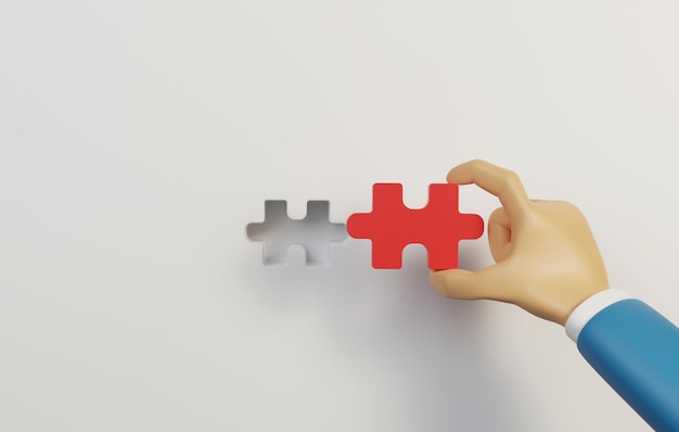 Businessman holding red puzzle connecting puzzle pieces on white background