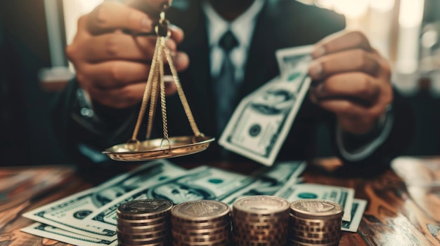 Businessman holding scale and money