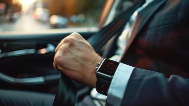 Photo businessman holding seat belt in car