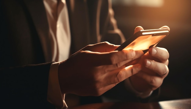 Businessman holding smart phone typing e mail indoors generated by AI