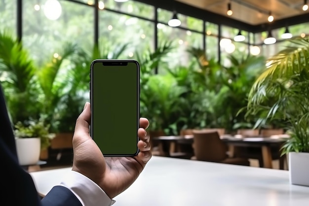 businessman holding a smartphone with white screen