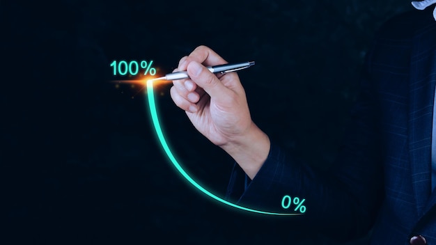 Businessman holding stylus pencil pointing touching to that has grown exponentially rapidly from 0 percent to 100 percent sales in short period of business success strategy and planning concept