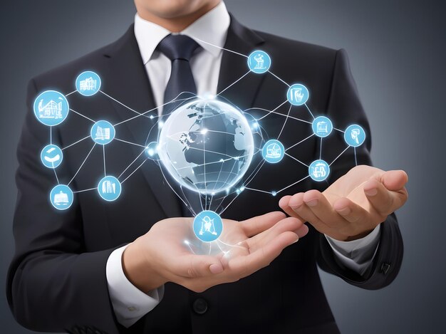 Businessman Holding Supply Chain Management Icon in a Seamless Network Connection Generative AI