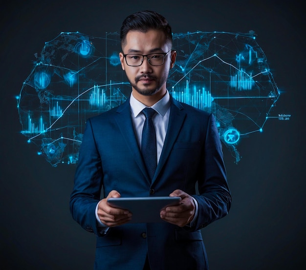 Businessman holding tablet and showing a growing virtual hologram of statistics graph and char