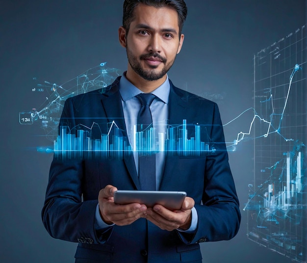 Businessman holding tablet and showing a growing virtual hologram of statistics graph and char