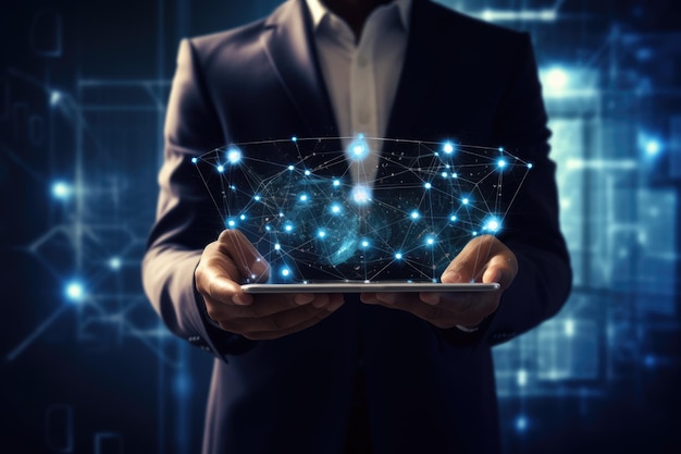 Businessman holding tablet with global network connection concept 3D rendering A businessman holding a tablet and looking at a virtual blockchain network data fields AI Generated