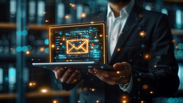 Businessman holding a tablet with a holographic graph and dollar sign icon