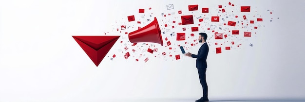 Photo a businessman holding a tablet with a megaphone and email icons flying out representing email