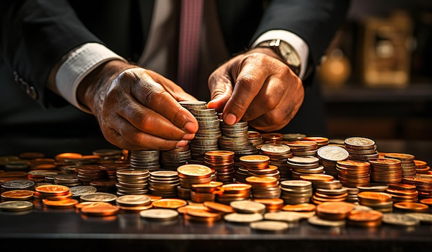 businessman holding up a group of coins