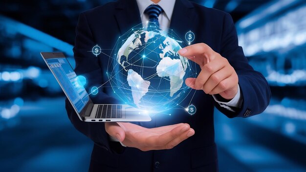 Businessman holding virtual earth with currency sign and connection during use computer laptop trad