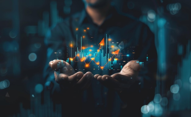 Businessman holding a virtual hologram of a growing financial graph representing success and innovation